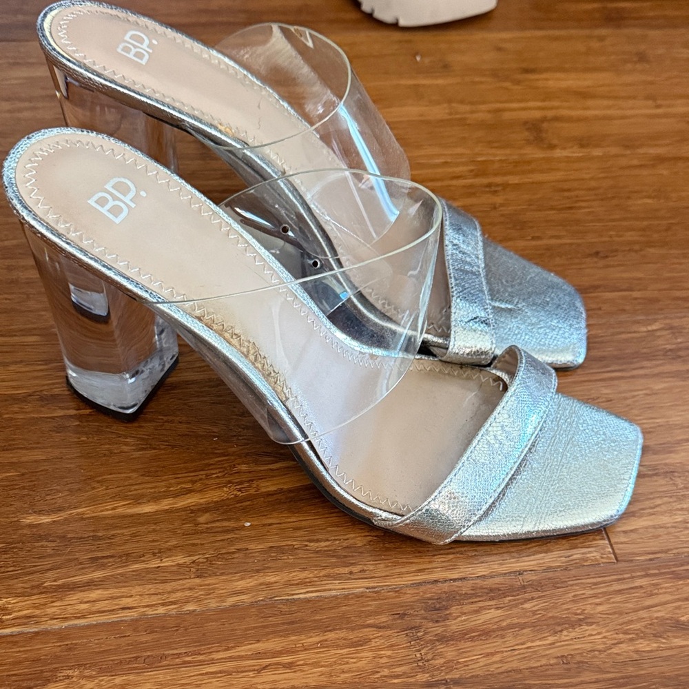bp Silver Metallic and Clear Strap Block Heel Sandals